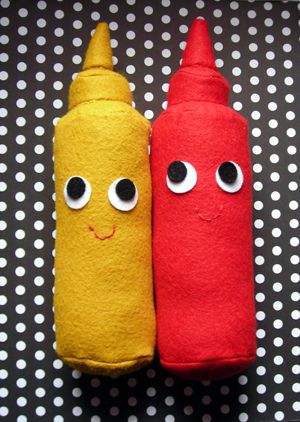 This ought to be a picture of a mustard bottle eviscerating a ketchup (catch-up) bottle; feel free to imagine that that's moments from happening Adorable plush ketchup and mustard dolls