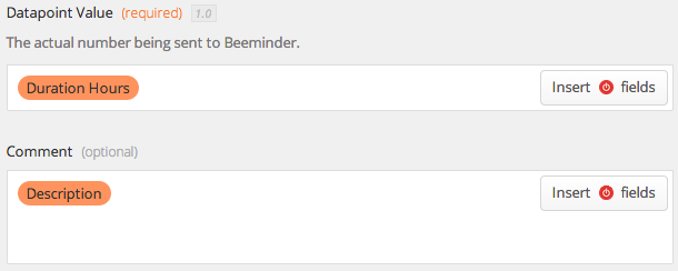 Screenshot for choosing the fields via Zapier for creating datapoints on Beeminder Screenshot for choosing the fields via Zapier for creating datapoints on Beeminder