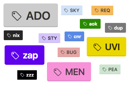 It's raining tags, one of which is a MEN tag, but not that kind of men. But if you like hovertext the tags below explain why we chose the colors we did, when we had a reason or it wasn't obvious. Collage of bug labels