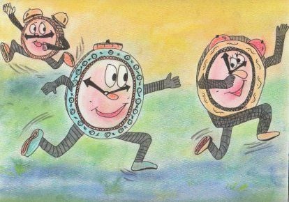 Drawn by Kelly Savage for Messy Matters Clocks playing tag