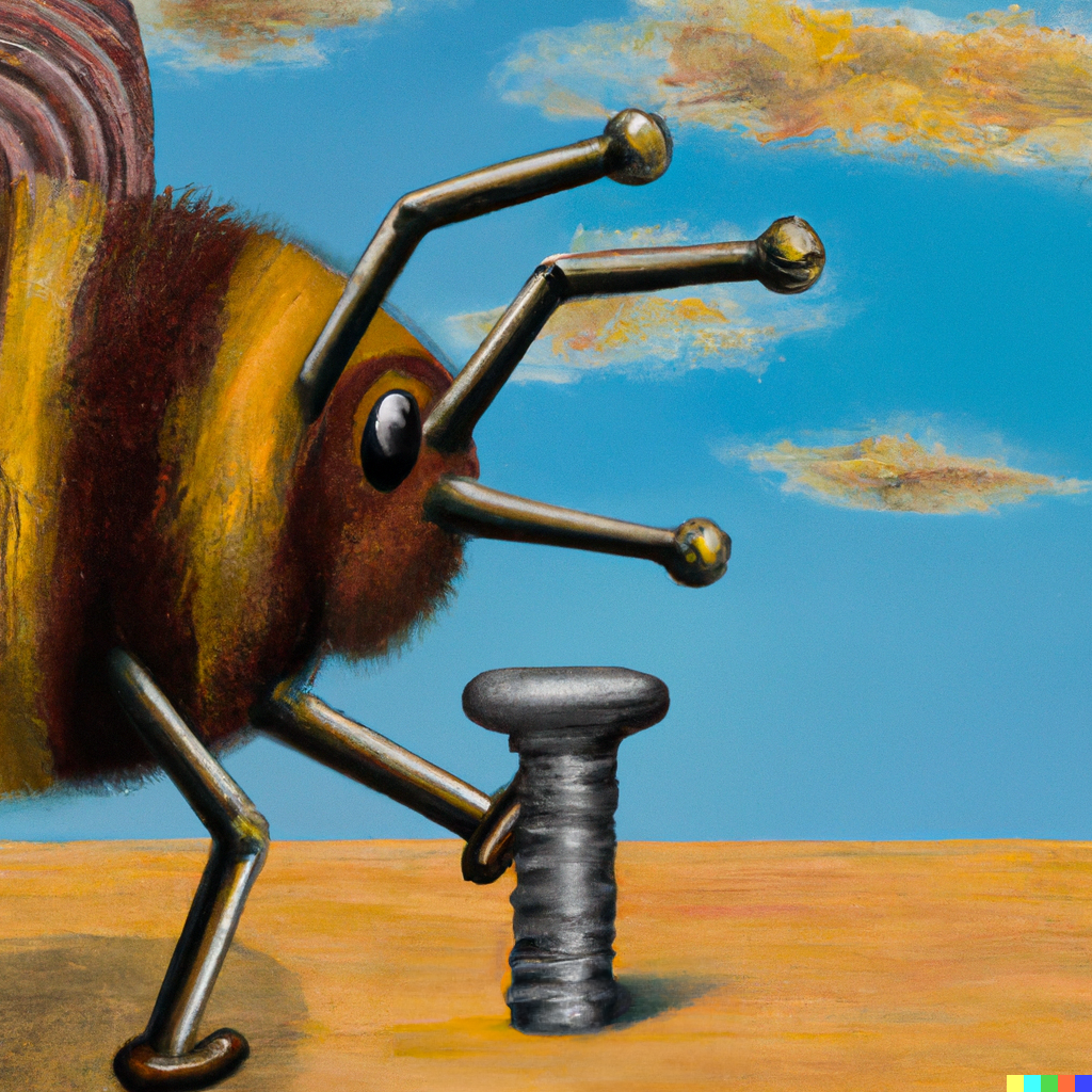 DALL-E prompt: “derailing it is nailing it, surrealistic painting featuring a bee hammering a nail”. What do you think? Would you say it... nailed it? I guess that thing looks more like a screw so... DALL-E: derailing it is nailing it, surrealistic painting featuring a bee hammering a nail