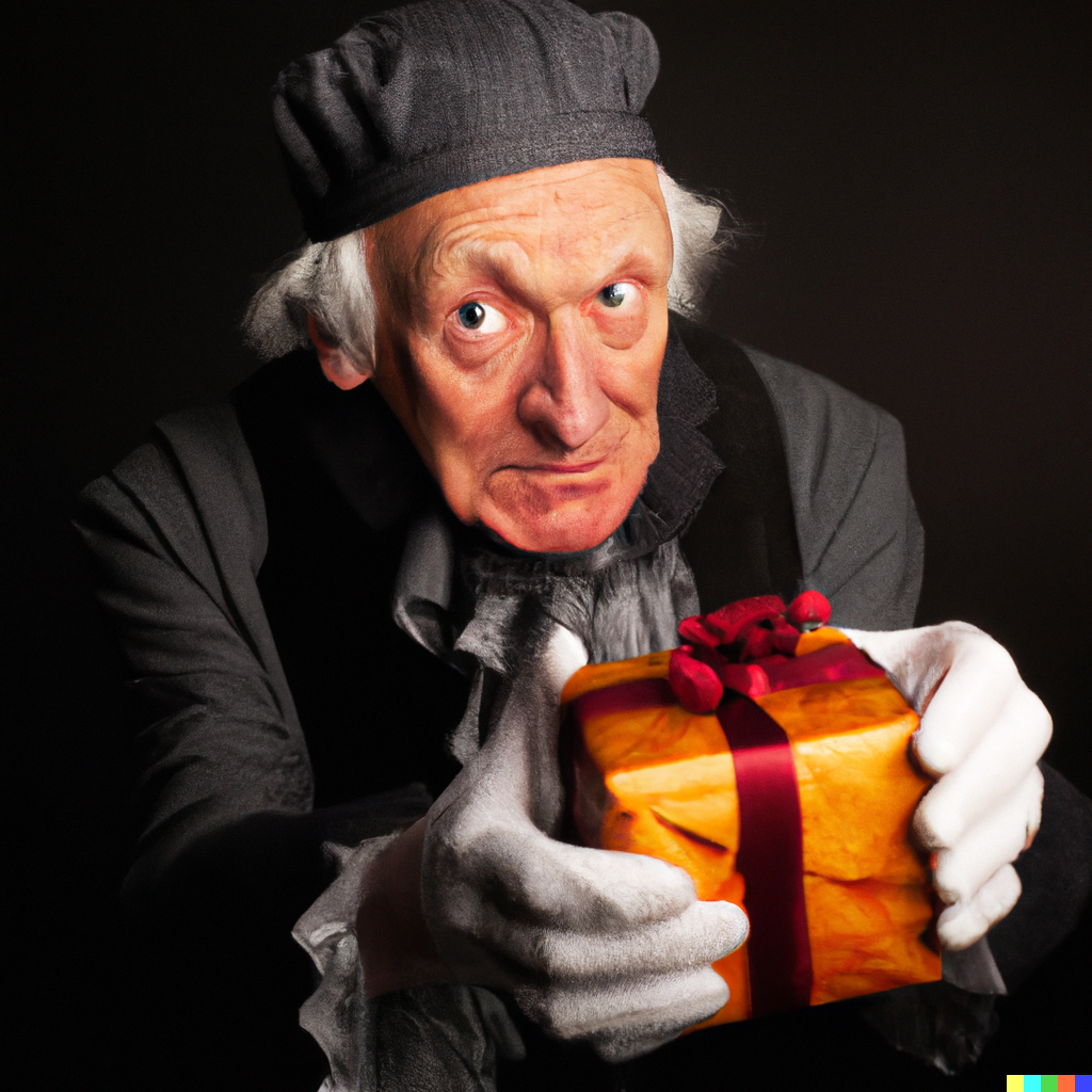 Get it? Stingily, but also sting-ily. Cuz you get another goal when you get stung. Ebenezer Scrooge holding a gift