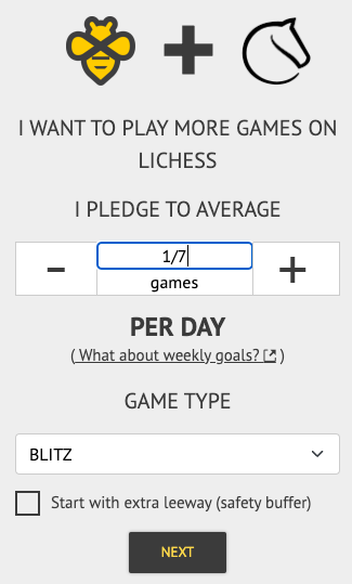 Screenshot of the goal creation page Screenshot of the goal creation page: I want to play more games on Lichess. I pledge to average 1/7 games per day, game type: Blitz. Etc.